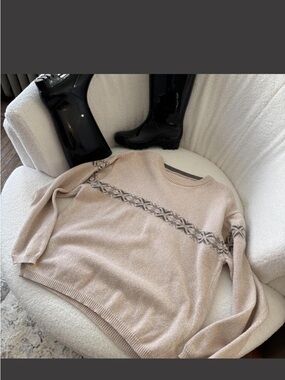 American Vintage Beige Crewneck Sweater with Gray Fair Isle Stripe